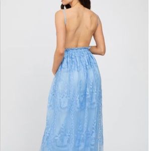 Blue Crochet Lace Open Back Maternity Maxi Dress